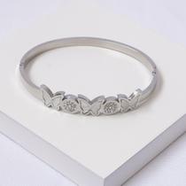 Bracelete Aço Inox Prateado Borboletas Madrepérola