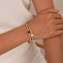 Bracelete Aco Inoxdavel Coração Duplo Fina Banhado Ouro 18K-Pulseira Feminina Delicada Cravejada Strass Madrepérola Bracelete Aco Inoxdavel Coração Duplo Fina Banhado Ouro 18K-Pulseira Feminina Delicada Cravejada Strass Madrepérola