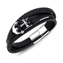 Bracelete Anchor Charm para homens, couro poliuretano trançado de várias camadas
