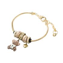 Bracelete Berloque Dourado Urso Life Coração Love Rose Strass Ajustável-Pulseira Feminina Torcida Charms Pingente