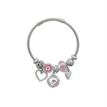 Bracelete Berloque Life Coração Love Rosa Pink Strass Cravejado-Pulseira Feminina Torcida Aberto Charms Pingente Amor