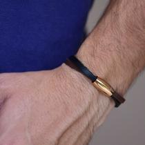 Bracelete Couro Duplo Aço 20cm Fecho Oval Rosé Masculino Bracelete Couro Duplo Aço 20cm Fecho Oval Rosé Masculino