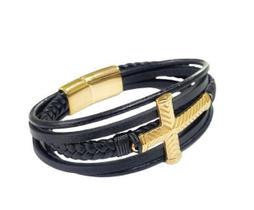 Bracelete Couro Preto Trançado Cruz Gold E Couros Trab/Liso