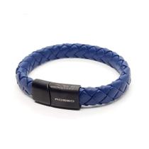 Bracelete Couro Trançado Azul 11mm Rosso Fecho Preto Em Aço
