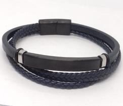 Bracelete de Aço com Couro Trançado de 21cm e Placa de 41mm
