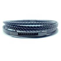 Bracelete de Aço e Couro Preto 21cm com Detalhe Trabalhado