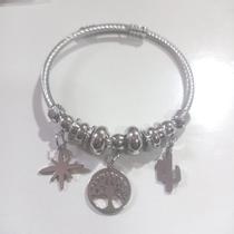Bracelete de aço inox ajustável com charms tipo Pandora trevo e árvore da vida Bracelete de aço inox ajustável com charms tipo Pandora trevo e árvore da vida