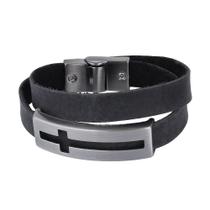 Bracelete de Couro Preto Duas Voltas Masculino Detalhe Cruz Ostral 25073