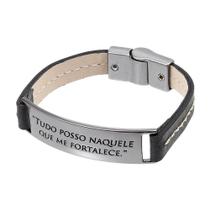 Bracelete de Couro Preto "Tudo Posso Naquele que Me Fortalece" Ostral 29664