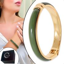 Bracelete Dourado Acrílico Verde Musgo Pulseira Ouro