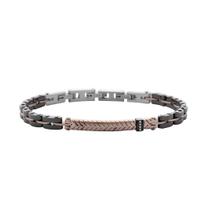 Bracelete em aço com placa rose fosca trabalhada, com 4 zircônia branca e gomos black. Bracelete em aço com placa rose fosca trabalhada, com 4 zircônia branca e gomos black.