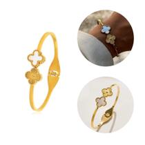 Bracelete feminino pulseira trevo virgínia luxo em aço inoxidável banhada a ouro