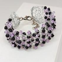 Bracelete Grande Feminino Lilás Cristais e Miçangas Bracelete Grande Feminino Lilás Cristais e Miçangas