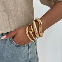 Bracelete Grosso Dourado Articulado Gota Orgânico Fluido Minimalista-Pulseira Rígida Feminina Prata Aro Curva Elegante