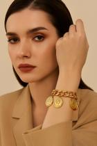 Bracelete Grosso Dourado Corrente Elo Cubano Charm Moeda Romana-Pulseira Feminina Link Berloque Pingente Inspiração