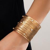 Bracelete largo dourado multi fios espiral cravejado strass arame enrolado alto aberto cuff pulseira rígido feminina