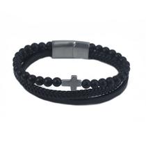 Bracelete Masculino 21 cm Em couro Preto trançado com Tira de Onix fosca e Cruz Bracelete Masculino 21 cm Em couro Preto trançado com Tira de Onix fosca e Cruz