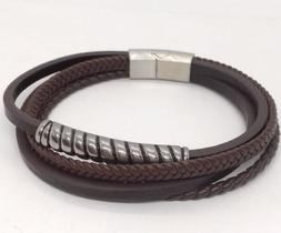 Bracelete Masculino Aço Couro Marrom Trançado 21cm Steel Bracelete Masculino Aço Couro Marrom Trançado 21cm Steel