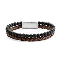 Bracelete Masculino Couro Marrom Trançado com Shambala Vulcânica Aço Inoxidável 20cm Estilo e Força