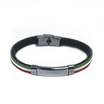 Bracelete Masculino de Couro na Cor Itália 21cm com Placa de Aço Inox e Detalhe de Estrelas