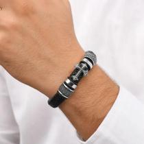 Bracelete Pulseira Masculina Couro Luxo Minimalista Cruz - - 21 cm - Preto e Prateado Bracelete Pulseira Masculina Couro Luxo Minimalista Cruz - - 21 cm - Preto e Prateado