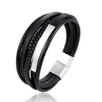 Bracelete Pulseira Masculina Couro Luxo Preta Moderna