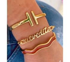 Bracelete Pulseirsa Feminino Masculino Folheado Ouro 18K Manuscrito Frase Acredite Dourado Gold Luxo Tendência Moda