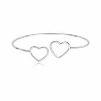 Bracelete Rígido Aberto Prata 925 Legítima com Dois Corações Vazados Minimalista Feminino Bracelete Rígido Aberto Prata 925 Legítima com Dois Corações Vazados Minimalista Feminino