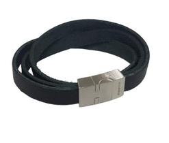 Bracelete Rosso 20Cm Couro 3 Tiras Preto Fecho Steel Fosco