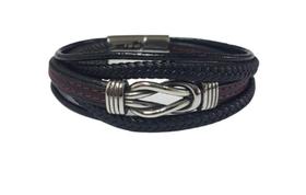 Bracelete Rosso 21Cm Couro Preto Trançado Detalhe Vermelho