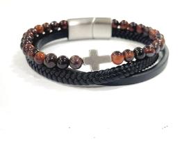 Bracelete Rosso 21Cm Couro Trançado Shambala Olho De Tigre