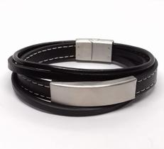 Bracelete Rosso Couro Preto com Placa de Aço e Feixo Bracelete Rosso Couro Preto com Placa de Aço e Feixo