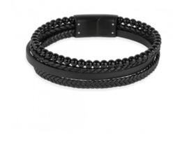Bracelete Rosso Couro Preto Fio Trançado Shambala Onix Liso