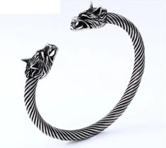 Bracelete Viking Cabeça De Lobo Prata Aço Inoxidável - Hips Acessórios