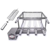 Brasa Grill Gira 4 Espetos Churrasqueira Giratória, Grelha Moeda Inox 40x40, Espeto Grelha