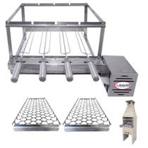 Brasa Grill Tradicional Gira 4 Espetos para Churrasqueira Pré Moldada de 55cm + 2 Grelhas Auxiliares Inox
