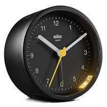 Braun Classic Analogue Alarm Clock com Snooze and Light, Quiet Quartz Movement, Crescendo Beep Alarm in Black, Model BC12B.