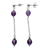 Brinco Aço com Ametista Facetada e Corrente