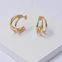 Brinco Aço Inox Dourado Argola 3 Fios Lisos