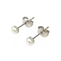 Brinco Aço Solitario Perola Natural Botão 4mm Brinco Pequeno