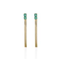 Brinco Alongado Veneziana Dupla com Duas Zircônias Verde-Água Banho Ouro 18K