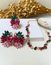 Brinco, anel e colar fúcsia e verde com banho dourado gold Brinco, anel e colar fúcsia e verde com banho dourado gold