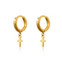 Brinco Anos 80 Retrô Unissex Argola C/ Cruz Pendurada Ouro 18k 750 Acompanha Estojo e Certificado Brinco Anos 80 Retrô Unissex Argola C/ Cruz Pendurada Ouro 18k 750 Acompanha Estojo e Certificado