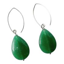 Brinco Anti Alergico Prata Gancho Longo Jade Verde Gota