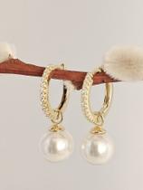 Brinco Argola 12mm Cravejado com Pingente de Pérola em Prata 925 Banhado a Ouro Amarelo 18k