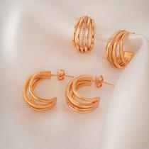 Brinco Argola cinco aros aberto cravejado de Zircônia banhado a ouro 18k Brinco Argola cinco aros aberto cravejado de Zircônia banhado a ouro 18k
