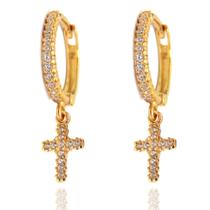 Brinco Argola Click Em Ouro 18k Com Pingente Cruz Zircônias Brinco Argola Click Em Ouro 18k Com Pingente Cruz Zircônias