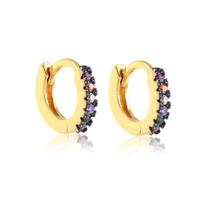 Brinco Argola Click Pequena Pedras Coloridas Folheado A Ouro