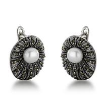 Brinco Argola com Marcassitas e Perola Shel Prata 925