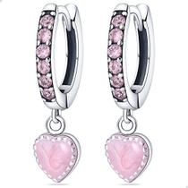 Brinco Argola com Pingente de Coração Rosa em Prata 925